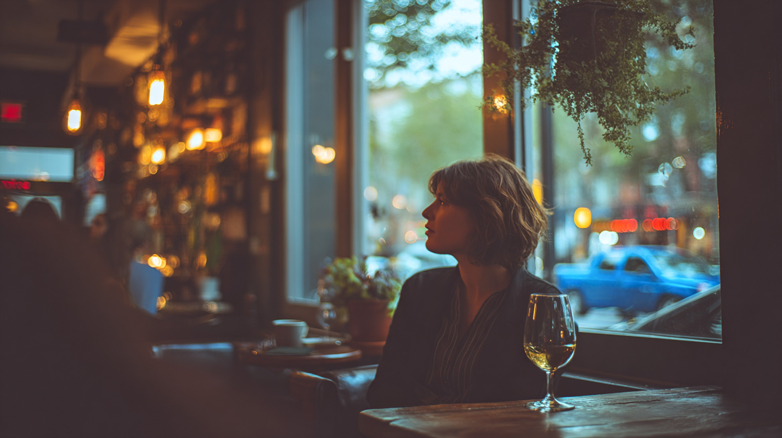 A thoughtful person in their 30s sitting in a modern cafe, symbolizing the reflection on modern dating challenges in 2026