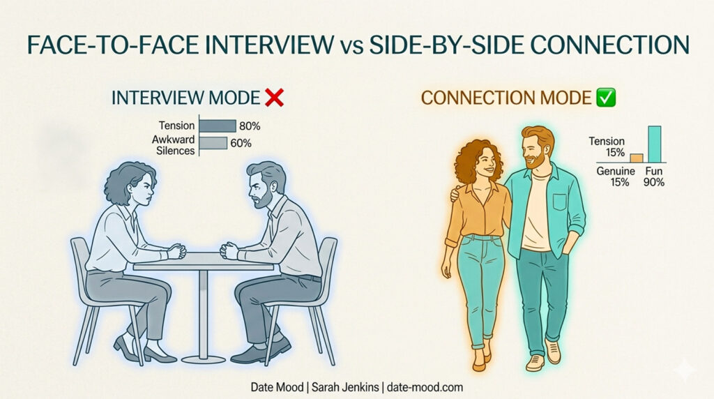 horizontal minimalist infographic comparing two line-art sketches of a couple on a first date: 'INTERVIEW MODE (Face-to-Face) ❌' vs 'CONNECTION MODE (Side-by-Side) ✅'. Simple bar graphs showing stress and fun levels. date-mood.com.