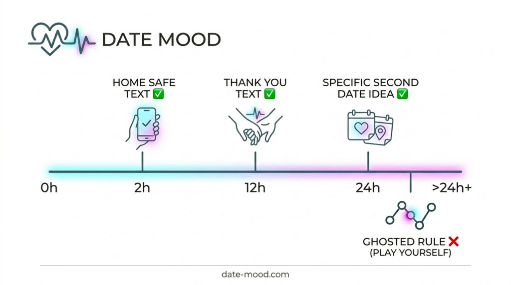 A horizontal minimalist infographic timeline (0h-24h+) from date-mood.com with 4 glowing line-art segments and icons. Segments include: 'Home Safe Text ✅' (0-2h, hand holding phone), 'Thank You Text ✅' (2-12h, linked hands), 'Specific Second Date Idea ✅' (12-24h, calendar with heart), and 'Ghosted Rule ❌ (Play Yourself)' (>24h+, disconnected node). Professional expertise by Sarah Jenkins. Clean white background. Cyan-magenta neon accents.