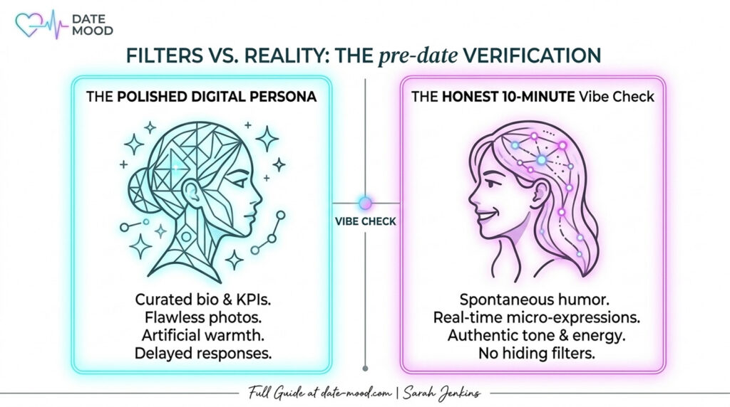 A horizontal minimalist conceptual infographic on a technical white background (#FFFFFF). On the left, a cyan-glowing stylized smartphone with a highly filtered female profile. On the right, a magenta-glowing smartphone with an authentic, unfiltered portrait. Vertical timeline with two nodes. date-mood.com | Sarah Jenkins.