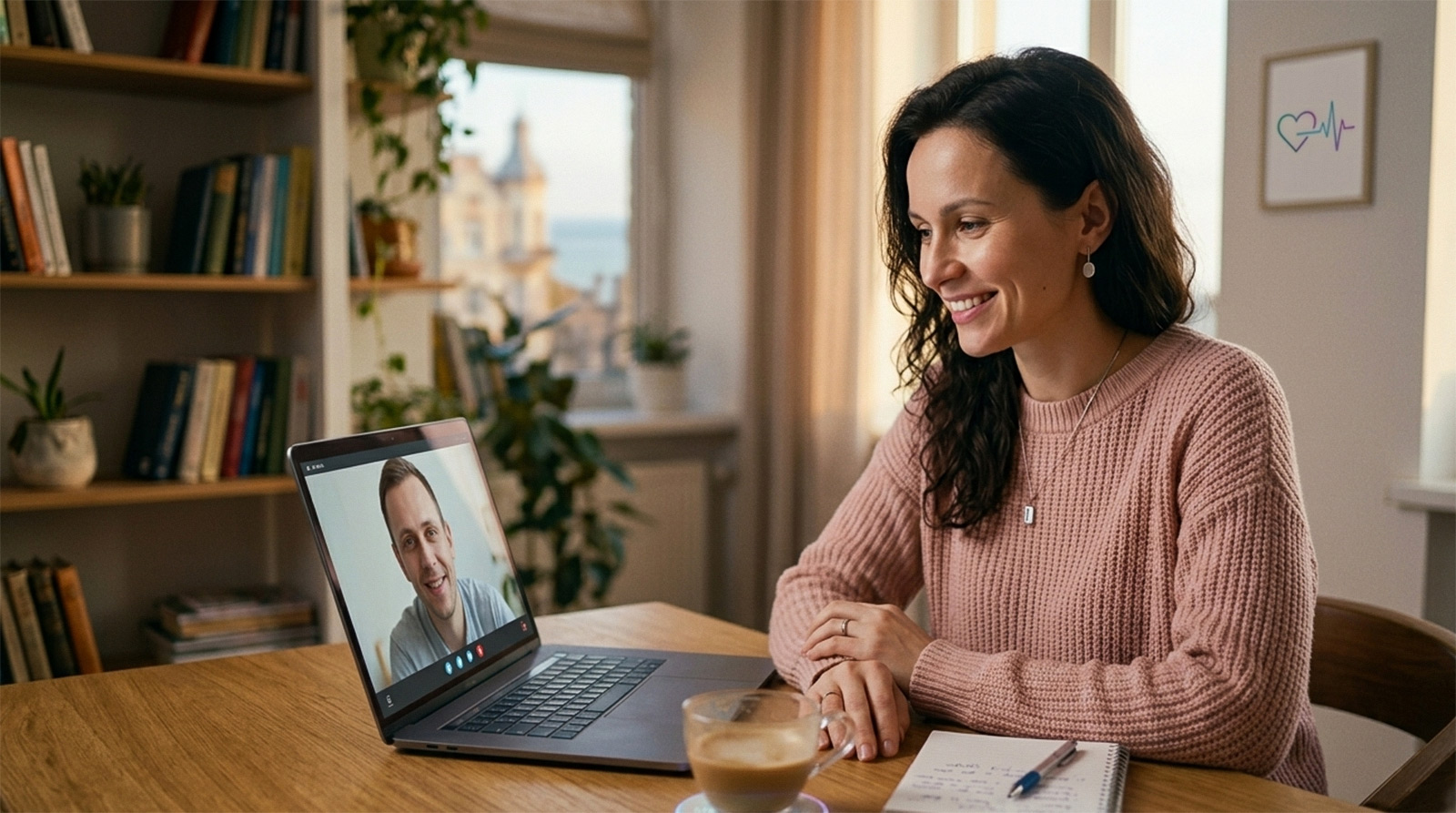 A horizontal POV photograph of Sarah Jenkins sitting at her cozy wooden desk in Odesa, smiling warmly during a 10-minute video call. On her laptop screen, a man in a white shirt is framed within a minimalist video call interface. Natural film grain and bokeh background of her bookshelf. date-mood.com | Sarah Jenkins.