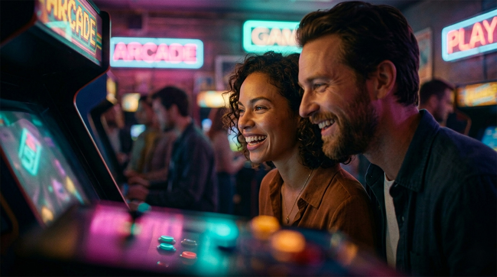A close-up horizontal photograph of a couple mid-30s genuinely laughing together while playing a retro arcade game shoulder-to-shoulder. Colorful neon reflections on their faces. Set in Odesa 2026. date-mood.com.