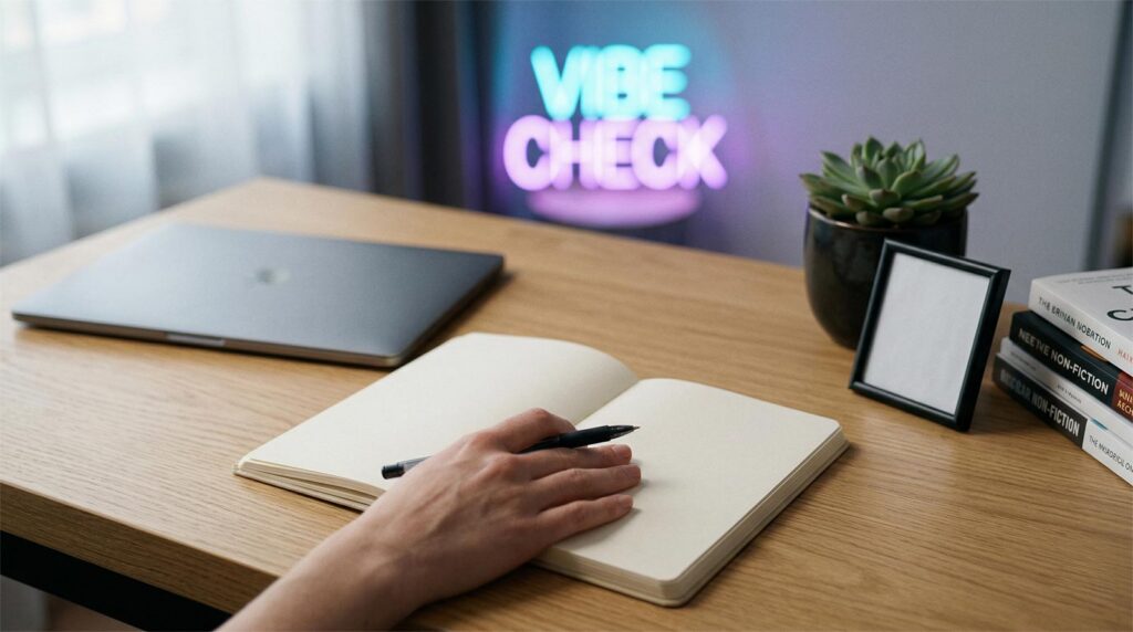 A photo-realistic point-of-view (POV) photograph taken from Sarah Jenkins' perspective looking down at a clean, oak wooden desk surface in her Odesa apartment. A simple black pen rests in her right hand over an open, blank-page cream-colored notebook. Next to it are a slim closed laptop and a small dark ceramic pot holding a vibrant green Echeveria succulent. A small empty picture frame and a stack of three new, diverse non-fiction books are also present. The background is rendered as a soft, warm bokeh with a distinct bi-cyan and magenta-violet neon light interaction. Soft natural light filters in from an unseen window. Natural film grain, shallow depth of field. The atmosphere is peaceful, focused, and organized.
