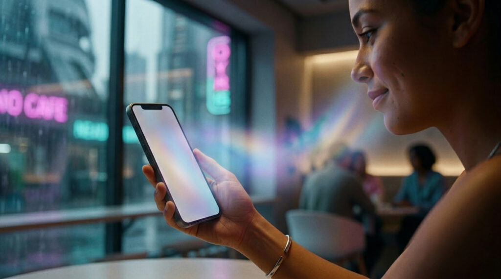 A cinematic close-up of a woman in a cafe looking at a glowing smartphone screen, with a soft ethereal light touching her face, symbolizing the digital allure and AI presence in 2026 dating.