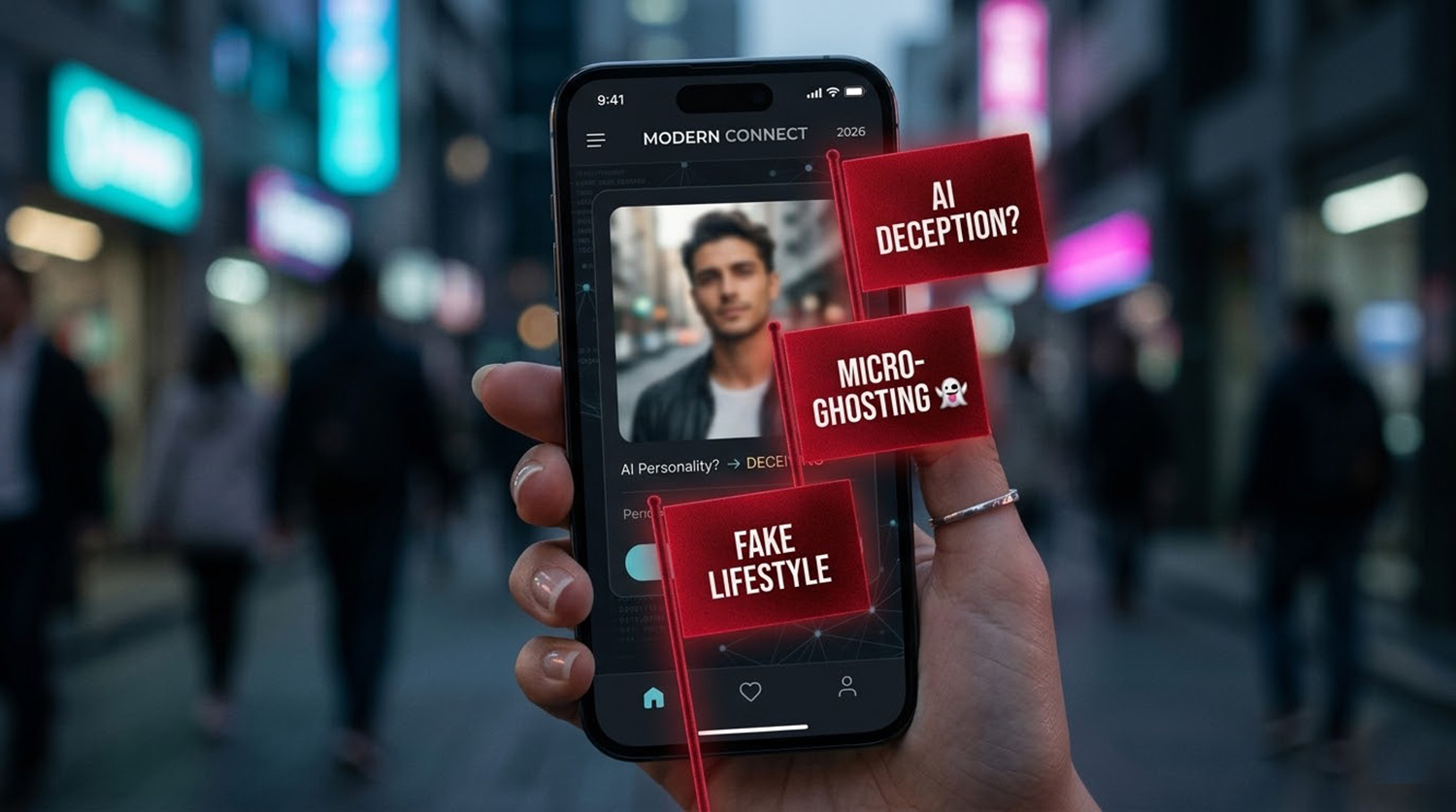 A close-up of a smartphone with multiple red flag warnings over a dating app profile, representing digital dating deception in 2026.