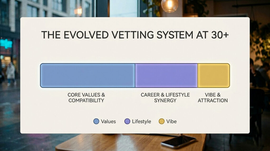 A horizontal infographic comparing two bar charts: At 22 (Compatibility Vetting, gray tones, focused on 'Vibe & Attraction') vs At 30+ (Efficiency Vetting, warm tones, focused on 'Values & Goals'). date-mood.com.