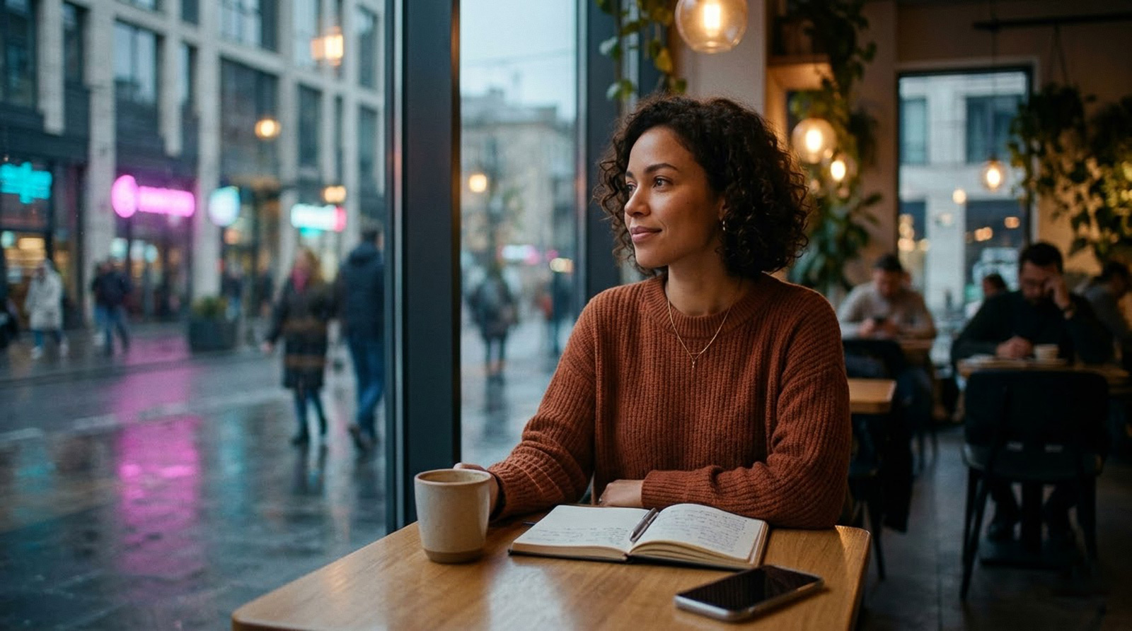 A contemplative horizontal featured image of a woman in her 30s sitting alone in a cozy urban cafe in 2026, smiling thoughtfully while looking out a large window at a busy, modern street at dusk. date-mood.com.