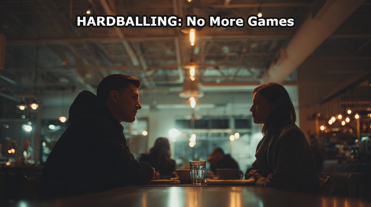 minimalist photo of two people sitting across from each other at a modern cafe, looking intentional and focused