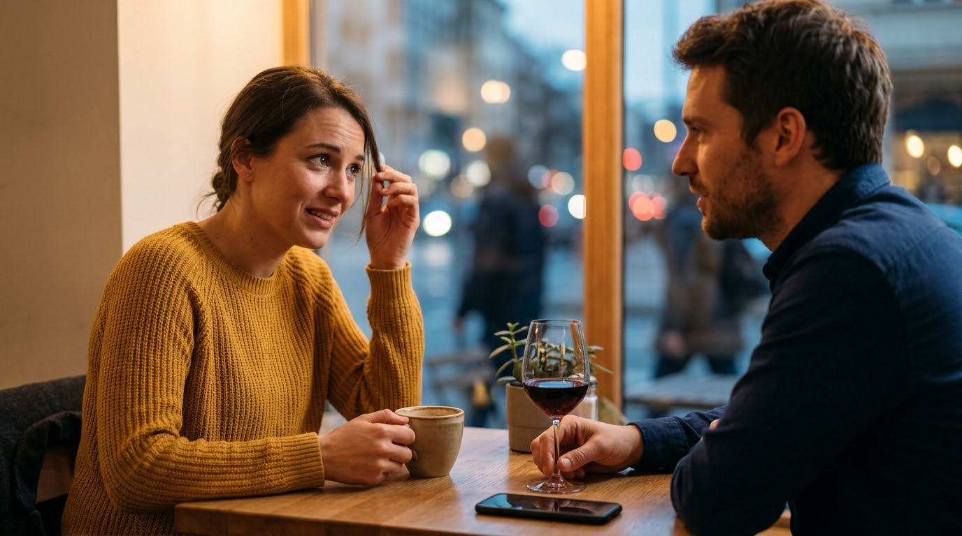 A couple sitting at a cafe table on a first date, symbolizing overcoming anxiety in 2026.