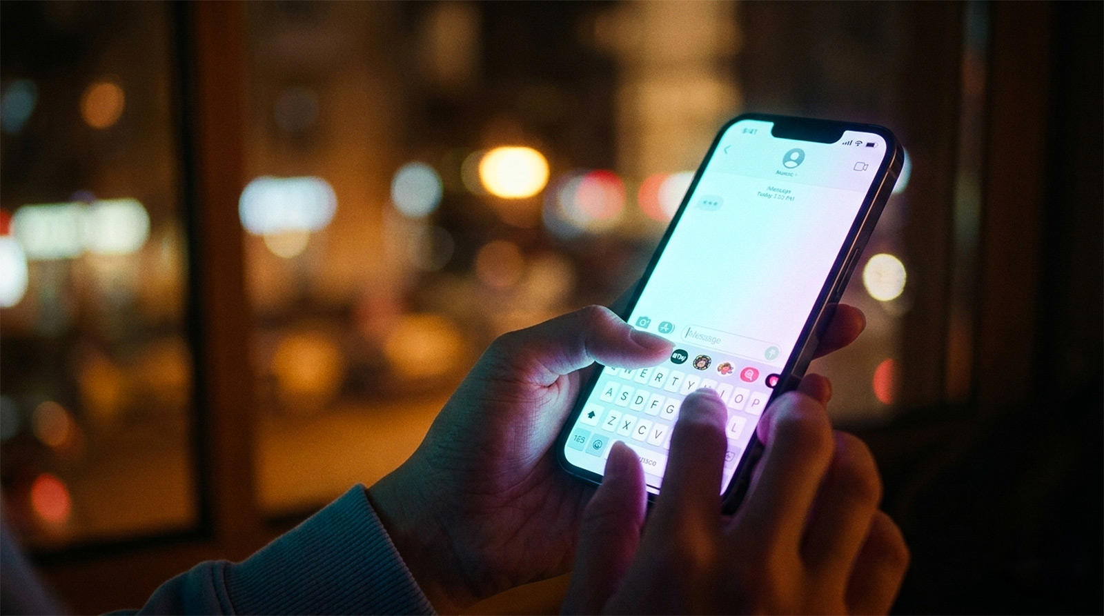 A close-up horizontal POV photograph of a woman's hand holding a glowing smartphone in a dimly lit, cozy interior with blurred night city lights. Soft cyan-violet neon light reflection on her fingers. date-mood.com.