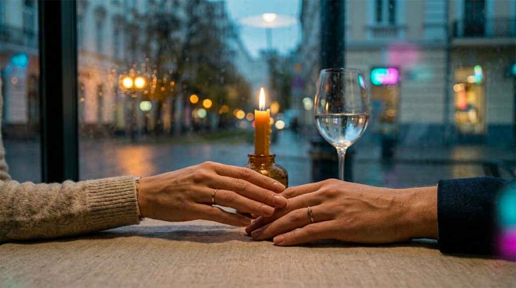 Close-up cinematic photo of two hands on a linen tablecloth at twilight. A woman's hand gently reaches toward a man's still hand near a flickering candle, symbolizing emotional reconnection and the 72 hour intimacy rule.
