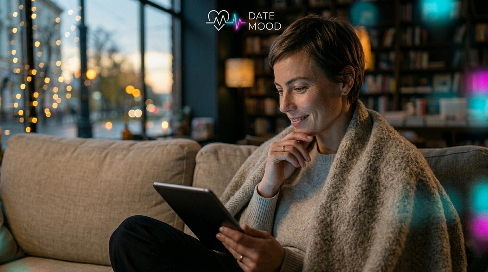 Candid cinematic close-up of a woman smiling while looking at a tablet in a low-lit bedroom, illuminated by the screen's blue glow, illustrating the comfort of AI companionship and digital intimacy.