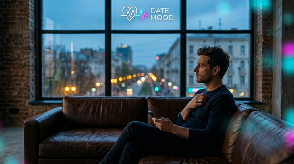 Wide cinematic shot of a solitary man sitting on a leather sofa in a modern apartment at twilight, looking into the distance with a smartphone, representing isolation within the AI companionship trend.