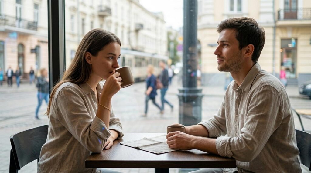 A candid, documentary-style photo of a young couple in a bright modern cafe with large windows. The woman sips from a matte ceramic mug while the man looks thoughtfully out at a blurred street scene with a tram. Natural daylight, relaxed atmosphere, and realistic textures.