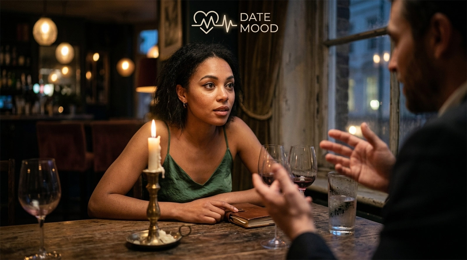 A close-up cinematic photo of a woman completely captivated and leaning in across a candlelight table, illustrating the moment unexpected chemistry (ChemRIZZtry) ignites mid-date.