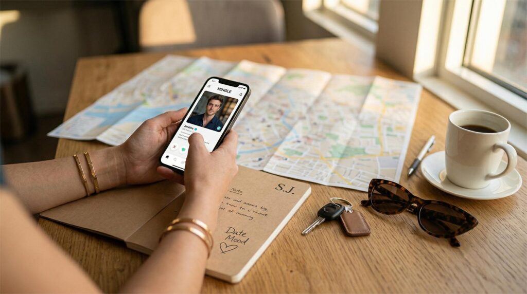 A photo-realistic POV shot from Sarah Jenkins' perspective looking down at an oak table. Her hands are holding a modern smartphone over a blurred city map and a minimalist notebook. On the phone screen, a dating app or a map with saved locations is visible. Beside the notebook lie car keys and stylish sunglasses. Soft natural daylight from a nearby window, shallow depth of field, warm wood textures.
