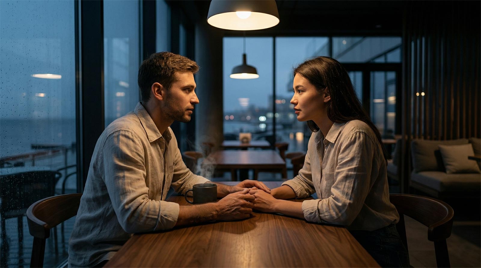 Close-up cinematic photograph capturing an intimate, focused conversation between a young man and woman at a dark wood cafe table at dusk. Their hands are gently interlocked in the foreground. They look intently at each other, excluding the blurred background. A matte ceramic mug is nearby with a subtle heart and ECG line etching. Soft, warm directional lighting highlights textures. No text overlays.