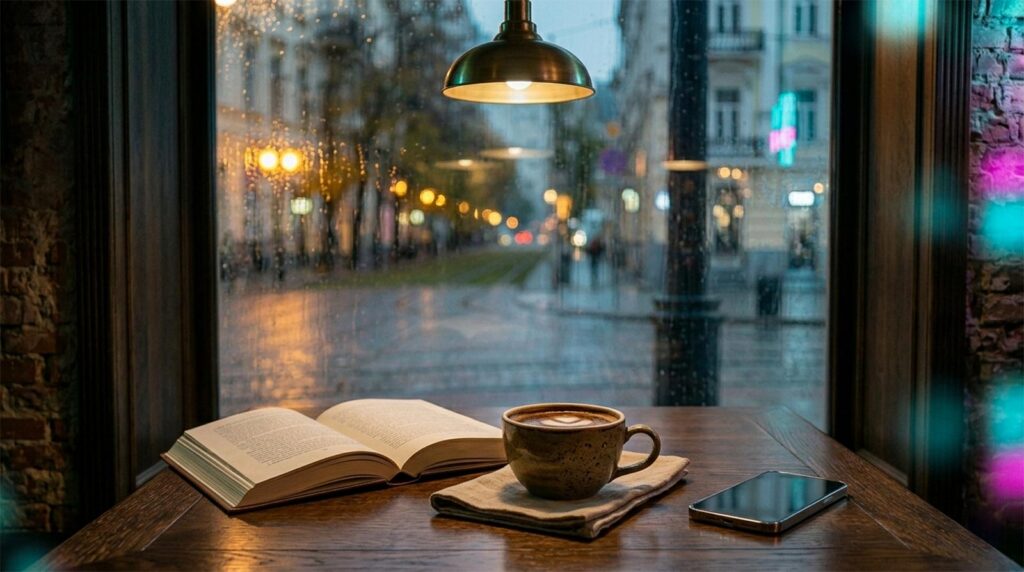 An atmospheric bistro table with a coffee cup, a book, and a smartphone lying face down. Rain-streaked window with city lights in the background. Symbolizes healthy texting frequency and digital peace.