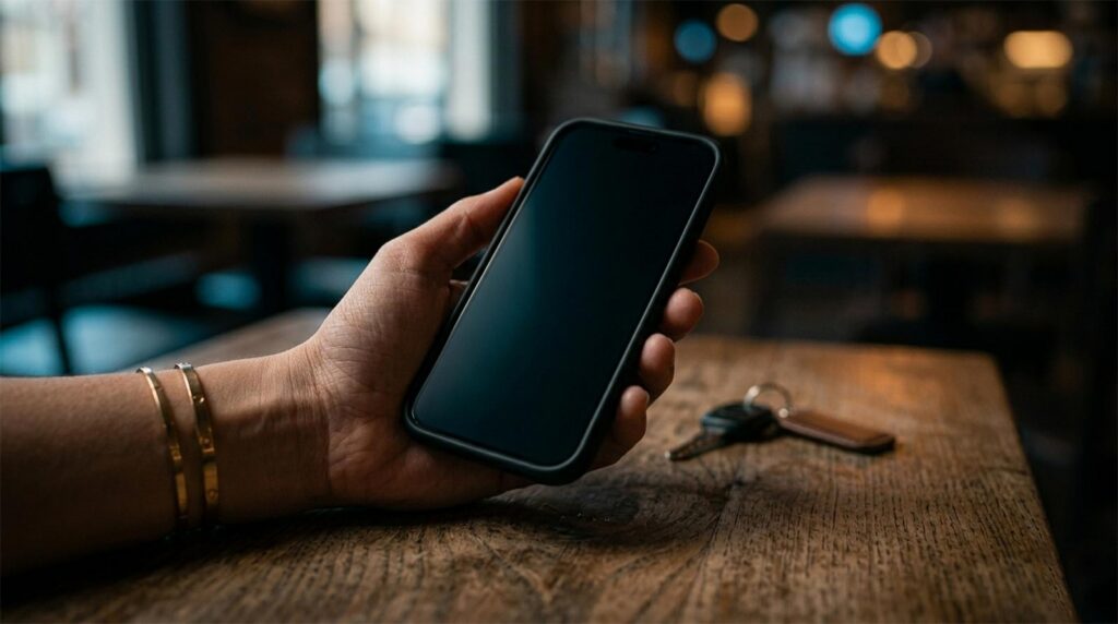 Close-up of a hand holding a black smartphone with a blank screen in a moody cafe. The phone rests on a textured wooden table with car keys nearby. Cinematic lighting with warm amber and cool blue bokeh background. Minimalist digital detox concept.
