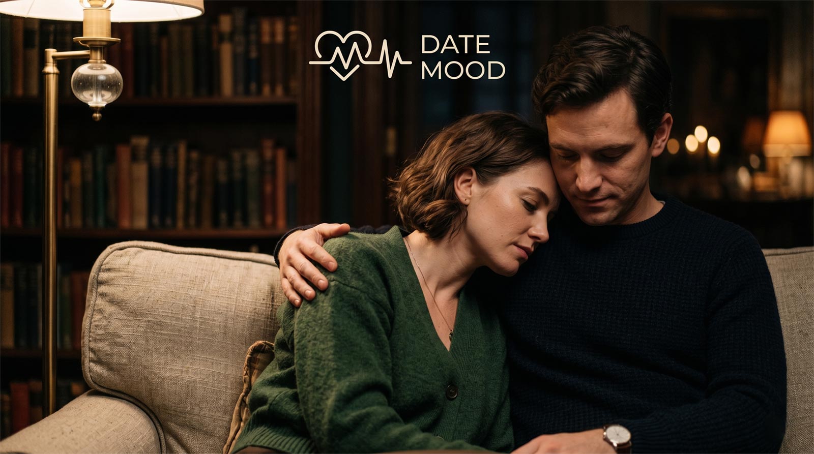 Intimate cinematic medium shot of a couple co-regulating on a sofa in a warm, dimly lit room. One partner rests their head on the other's shoulder, representing the deep emotional safety and trust in a healthy relationship.