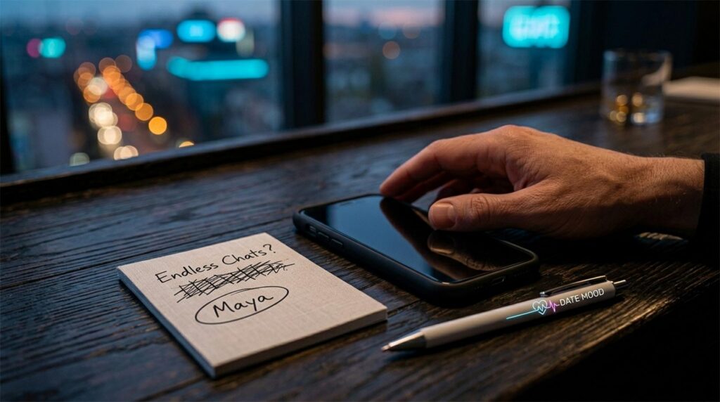 Close-up of a hand resting near a black smartphone with a dark screen on a wooden bar top. A linen notepad nearby has "Endless Chats?" scribbled out and a name circled. A pen with the "DATE MOOD" logo rests beside it. Moody urban bokeh background with city lights.