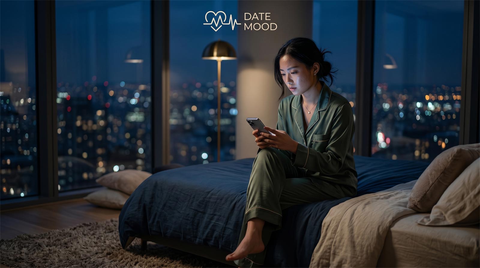 A woman in a dark bedroom looking at a glowing phone screen with a confused expression, symbolizing the moment of receiving a ghostlighting text.