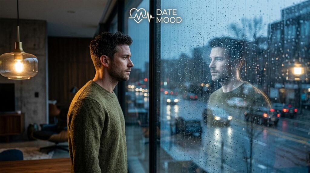 A man’s distorted reflection in a rainy window, representing the confusion and emotional manipulation of ghostlighting in relationships.
