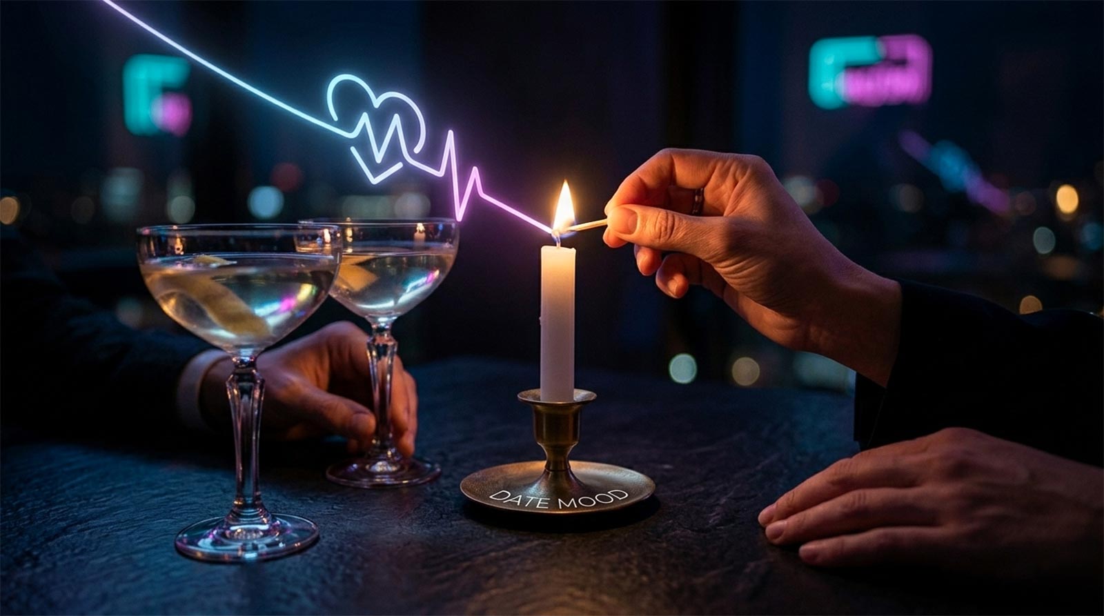 Close-up POV of hands lighting a white candle in a dark, intimate setting with two cocktails. A thin blue-to-magenta neon ECG line arcing through the air ignites the wick. Moody urban bokeh background. Cinematic and minimalist.
