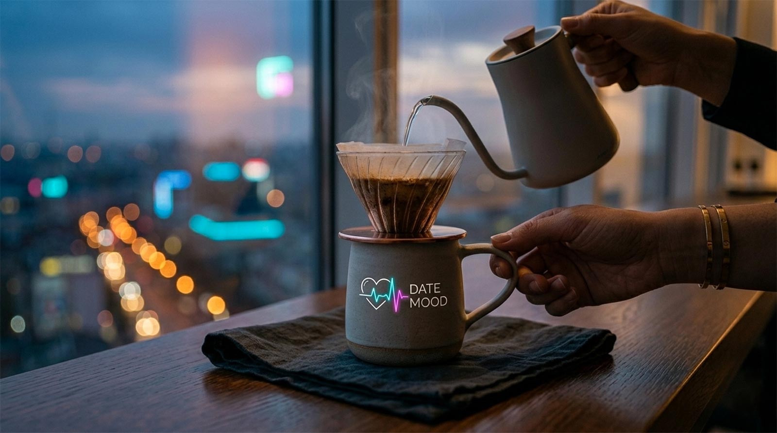 A cinematic close-up of a hand pouring water from a gooseneck kettle into a pour-over dripper. The matte ceramic mug features the "DATE MOOD" logo and rests on a linen napkin. Steamy bloom and moody urban bokeh background with twilight city lights. Minimalist and intentional atmosphere.