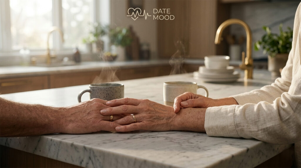 A close-up of a mature couple's hands on a marble kitchen island in the morning sun, symbolizing the authentic connection found in gray dating.