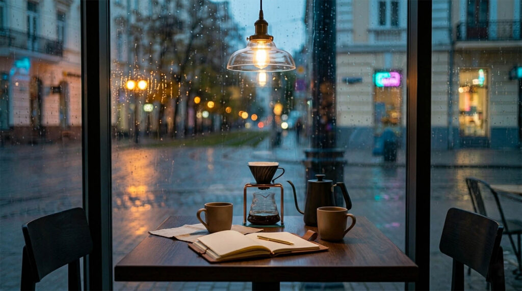 Interior of a quiet, moody cafe at twilight, rain on the window. A polished wood table holds two ceramic coffee cups, symbolizing intentional dating pacing and checkpoints.