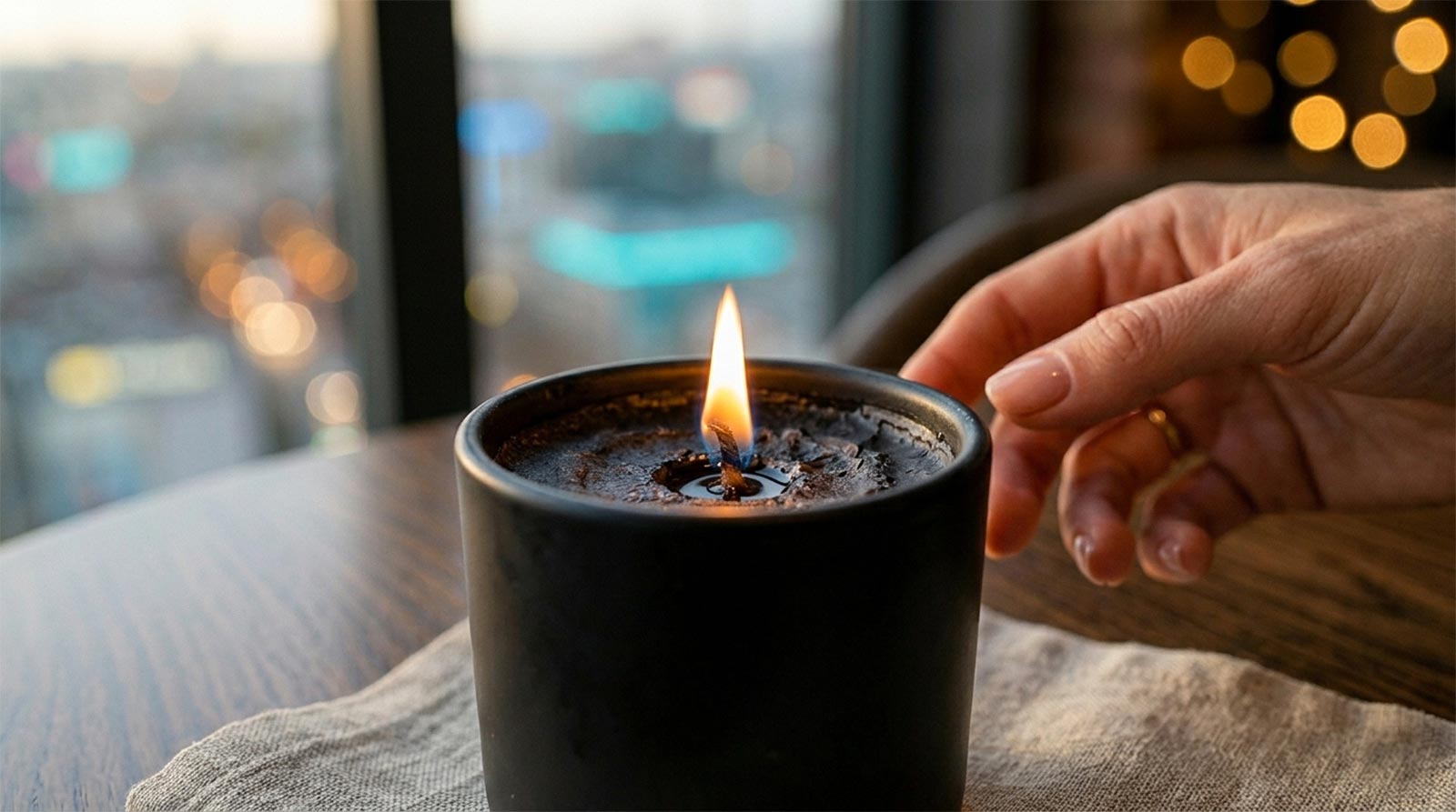 Extreme macro photo of a hand just pulling away from lighting a handcrafted ceramic candle. The flame flickers, highlighting textures of wax and the gold ring, symbolizing the active decision to engage the 72 hour intimacy rule.