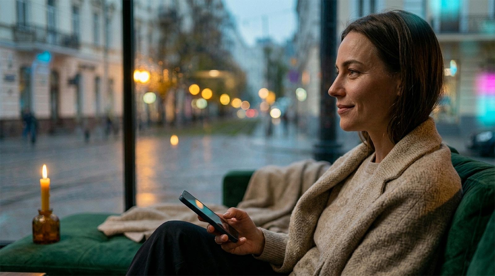 A woman in a cozy knit sweater sitting on a velvet sofa, looking thoughtfully out the window at twilight while holding a phone. Represents digital boundaries and intentional texting before a first date.