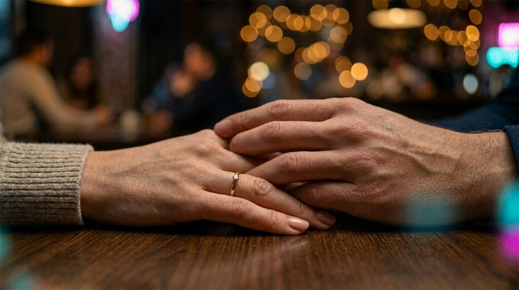 A high-detail macro photo of hands gently touching on a rustic wooden table, symbolizing micro-romance gestures, vulnerability in new relationships, and intentional connection.