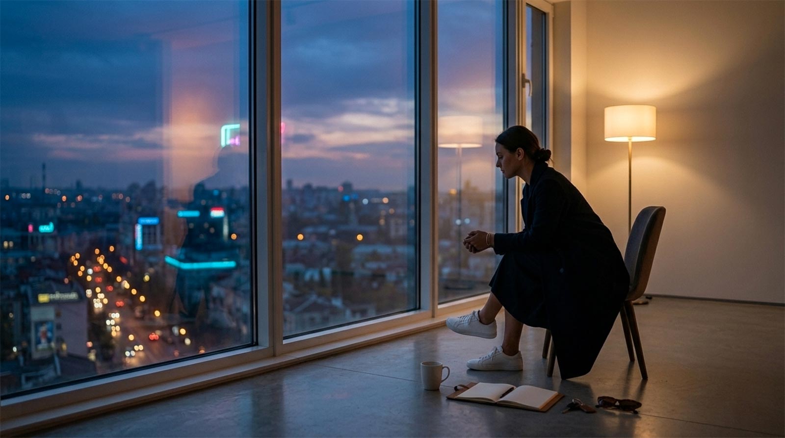 A high-resolution wide shot of a woman sitting alone in a minimalist modern apartment at twilight. She sits in profile, looking out a large floor-to-ceiling window at a blurred city with amber and neon blue lights. The interior is spacious and quiet, with a single mug, notebook, and sunglasses on the polished floor. The atmosphere is peaceful and introspective, with soft ambient light contrasting with the deep blue twilight sky. Cinematic, photo-realistic style.