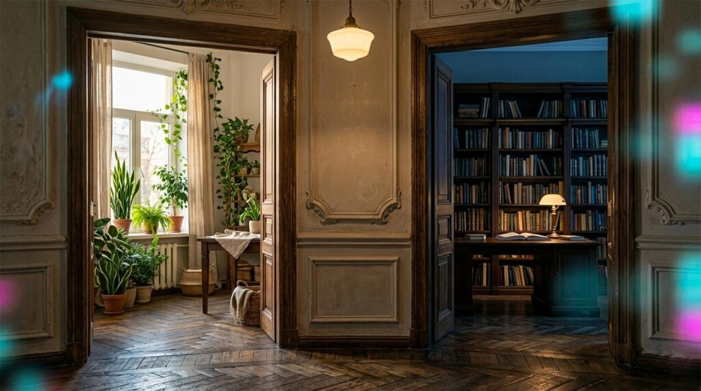 Atmospheric wide shot of two different room interiors seen from a shared hallway, illustrating the concept of independent partners in parallel relationships.