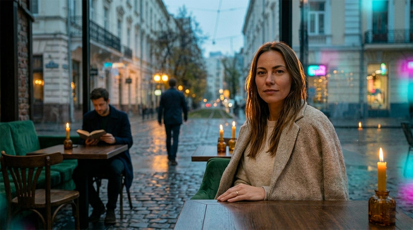 A cinematic photo of a woman sitting at a cafe with two blurred male figures in the background, representing the independent nature of parallel relationships in 2026.
