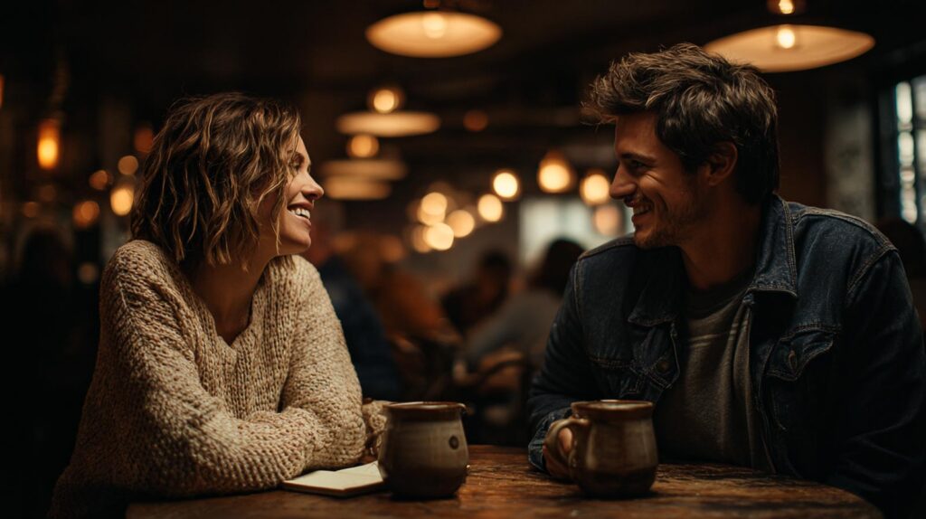 Candid cinematic medium shot of a man and woman laughing warmly at an intimate cafe table under a vintage lamp, illustrating a genuine connection on a first date.