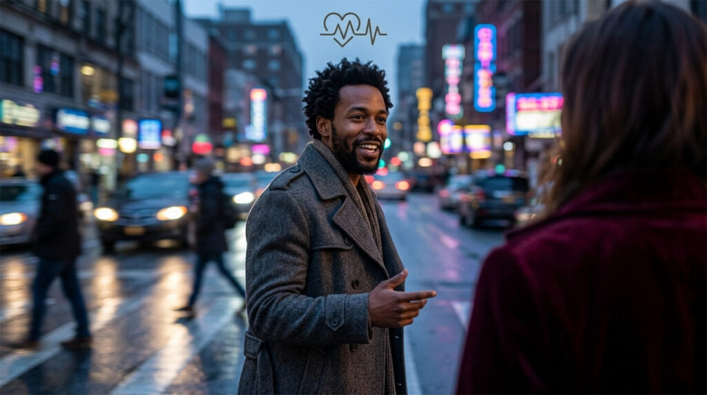 A cinematic motion blur panning shot of a charismatic man laughing on a city street, cutting through the background chaos, representing personality over static attraction (ChemRIZZtry).