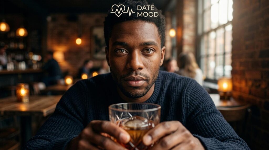 A tight close-up shot focusing on a man's vulnerable and direct gaze on a first date, representing radical authenticity in dating.