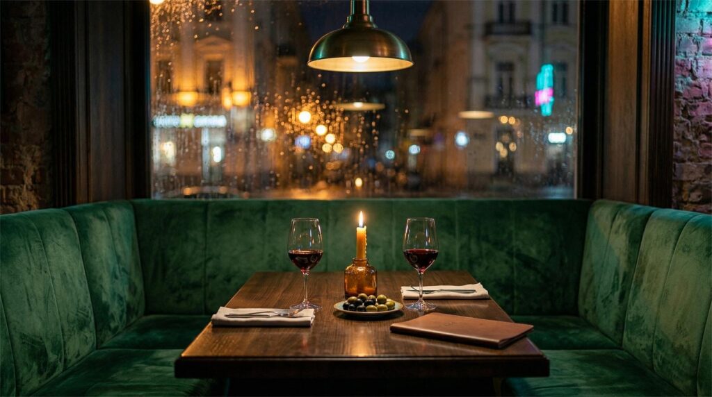 An atmospheric wide shot of an intimate corner booth in a moody restaurant, set with a flickering candle and two wine glasses, capturing a perfect romantic ambiance for a date.