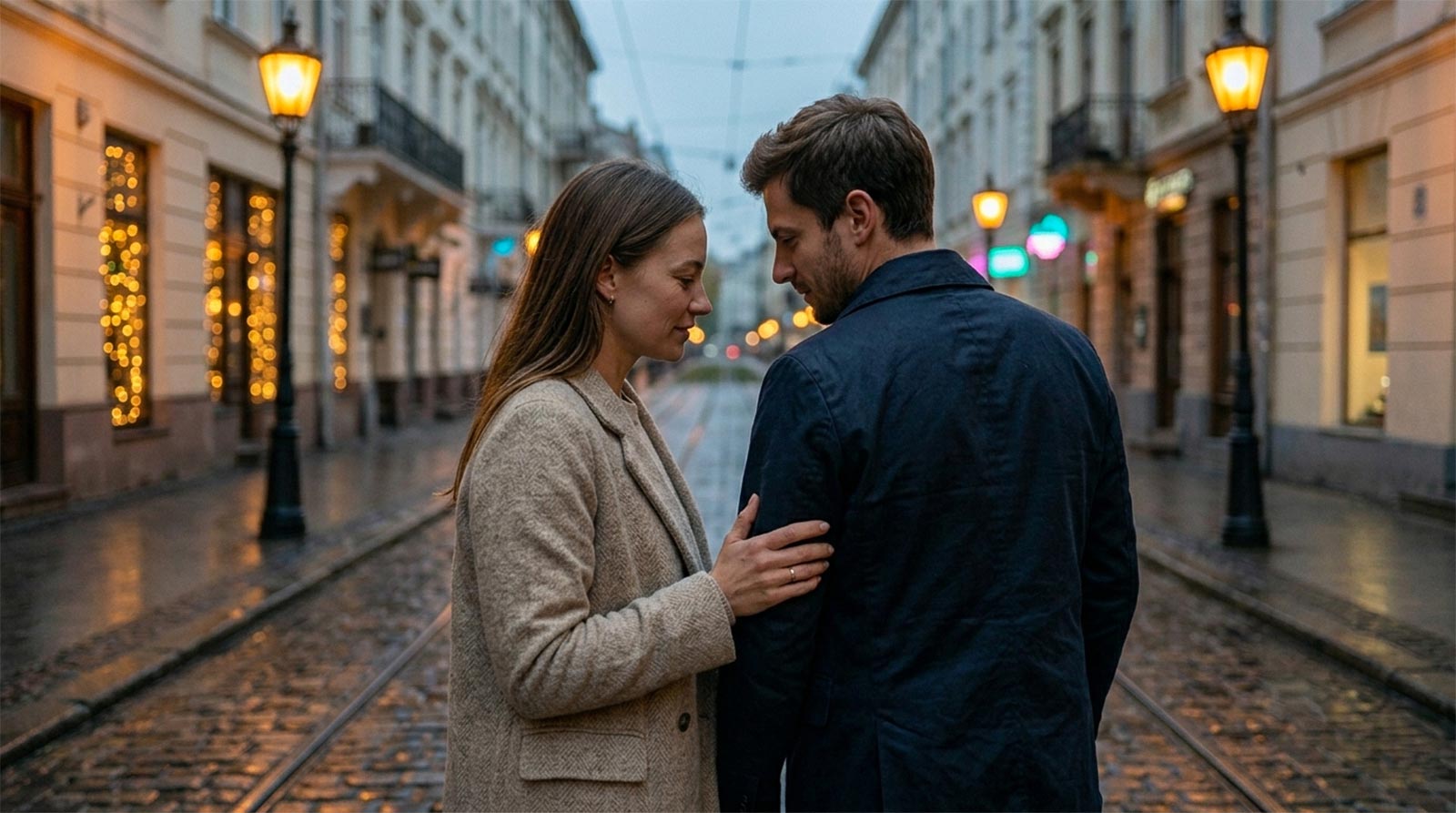 A cinematic photo of a couple walking close together during twilight in a moody city setting, representing modern courtship and meaningful connection in dating.