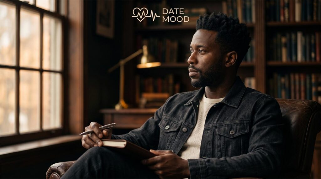 Introspective cinematic portrait of a grounded man in a moody library holding a journal at dusk. It symbolizes self-awareness, personal growth, and the attractiveness of emotional maturity in dating.