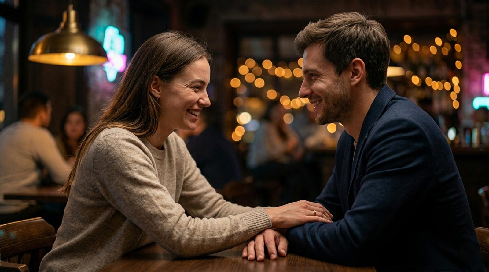 A candid, cinematic photo of a couple laughing and leaning in closer at a cozy bar table lit by a warm vintage lamp. Focused on their relaxed body language and hands, suggesting intimacy and connection.