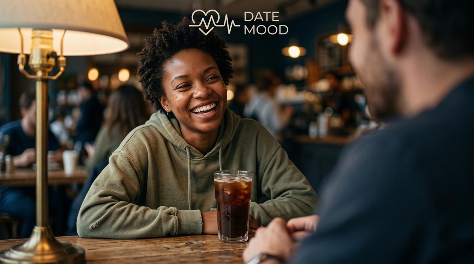 A candid, photo-realistic image of a woman laughing genuinely and unposed on a first date in a cozy cafe, illustrating the Truecasting dating trend.