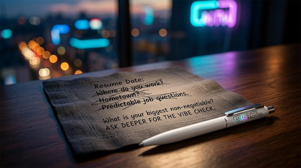 A dark linen napkin on a wooden bar table with scribbled-out "Resume Date" questions. A neat, handwritten question asks about non-negotiables. A white pen with the "DATE MOOD" logo rests beside it. Moody urban bokeh background with amber and neon blue lights.