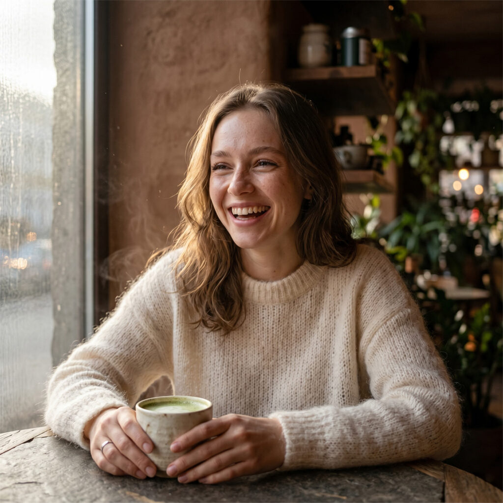 A candid, photo-realistic shot of a young woman laughing authentically in a bright cafe, illustrating the genuine connection of alcohol-free dating.