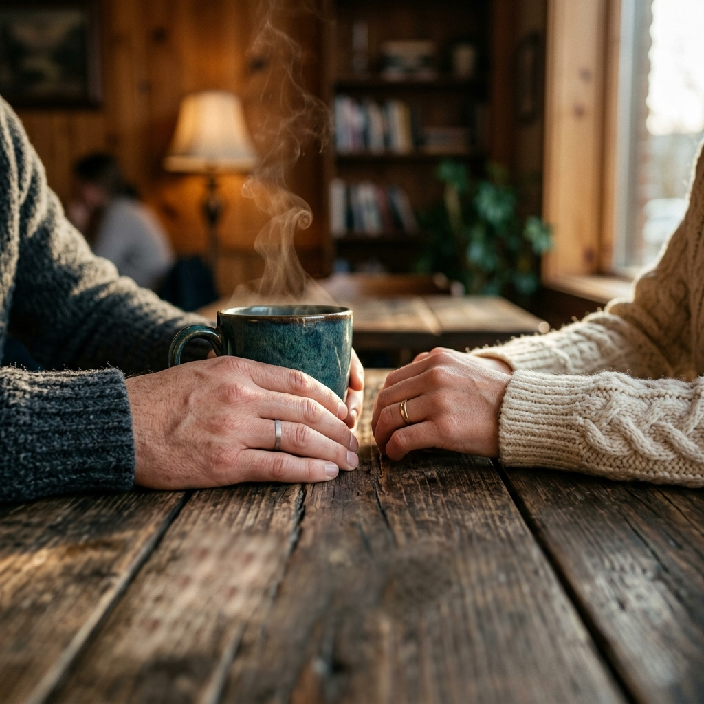 A close-up cinematic shot of hands and coffee mugs on a wooden table, representing the authentic and low-pressure approach of modern dating tips for beginners.