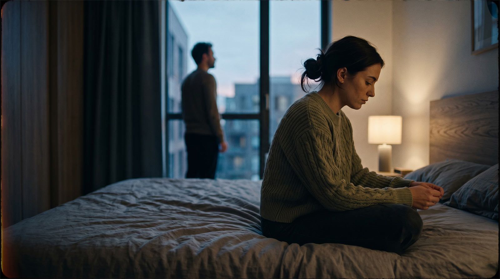 Moody cinematic photo of a couple in a bedroom during twilight, showing emotional distance and a relationship dry spell with soft window lighting and shallow depth of field.
