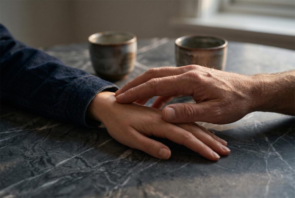 An intimate close-up of a man's hand gently touching a woman's wrist on a marble table, showing the subtle body language and micro-touches of building physical intimacy naturally.